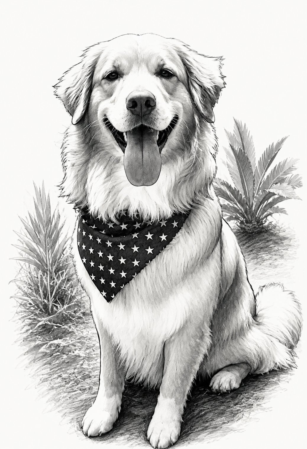 A black-and-white e-ink style illustration of a golden retriever named Dottie sitting upright with her tongue out, wearing a star-patterned bandana, with spiky plants in the background